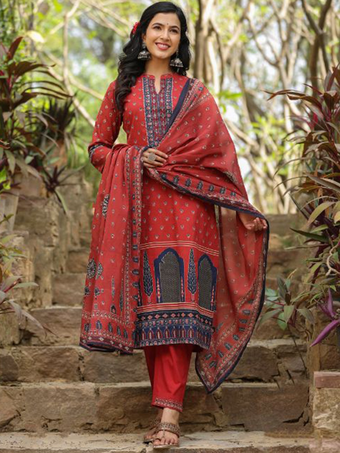 

Kiana Floral Printed Mirror Work Pure Cotton Straight Kurta With Trousers & Dupatta, Maroon