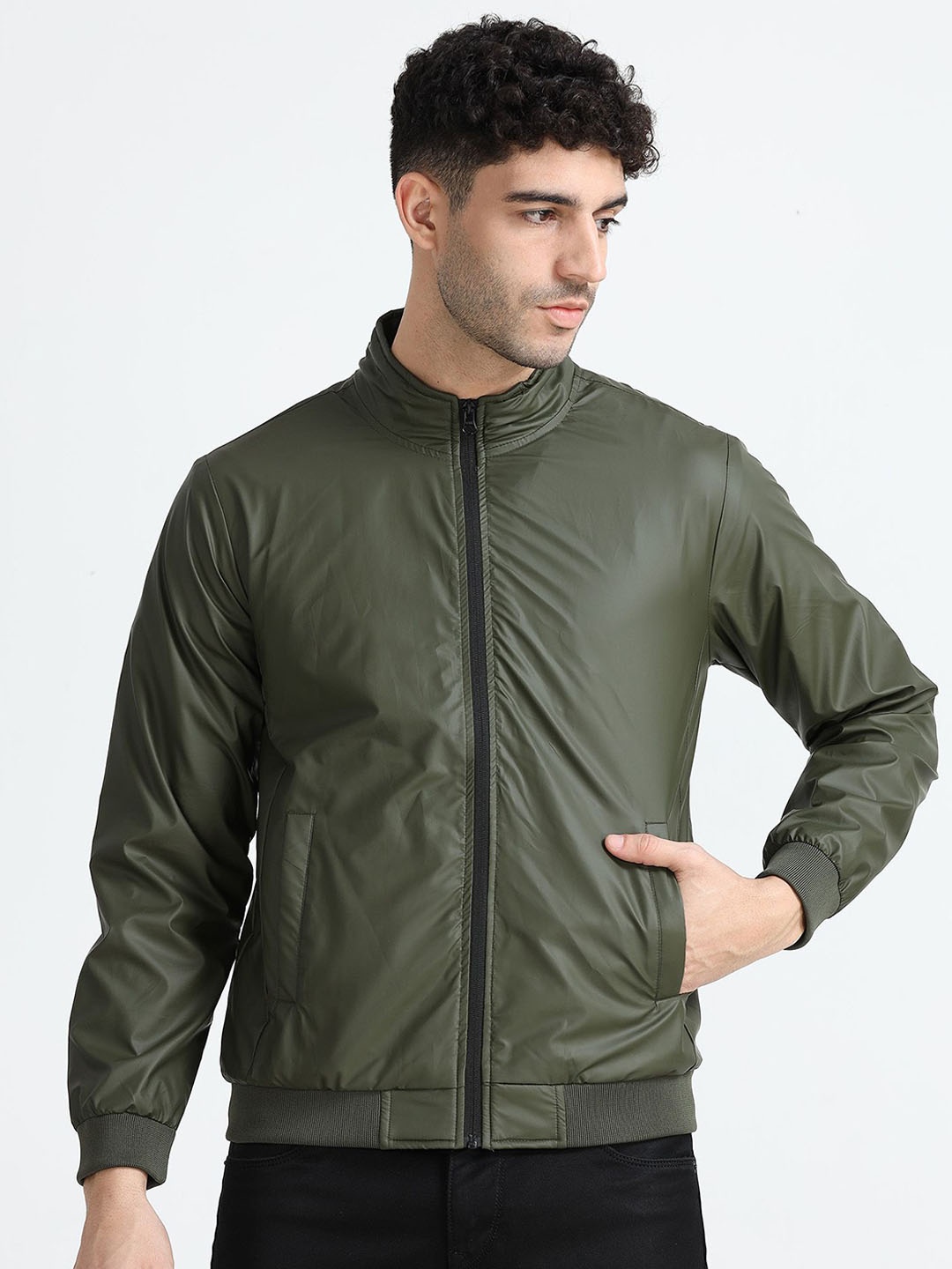 

Xtrim Men Geometric Windcheater and Water Resistant Outdoor Bomber Jacket, Olive