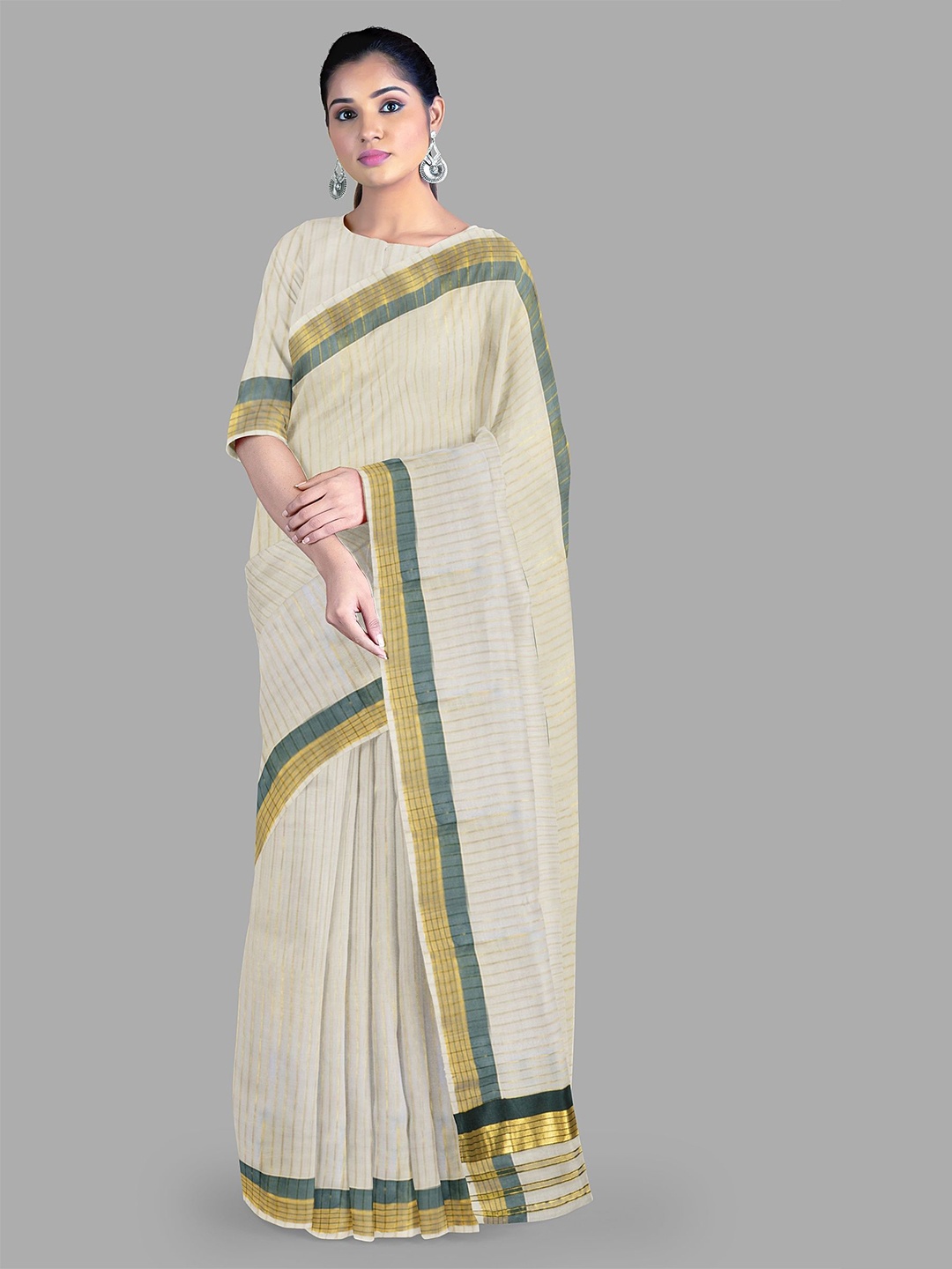 

The Chennai Silks Striped Zari Pure Cotton Kasavu Saree, Off white