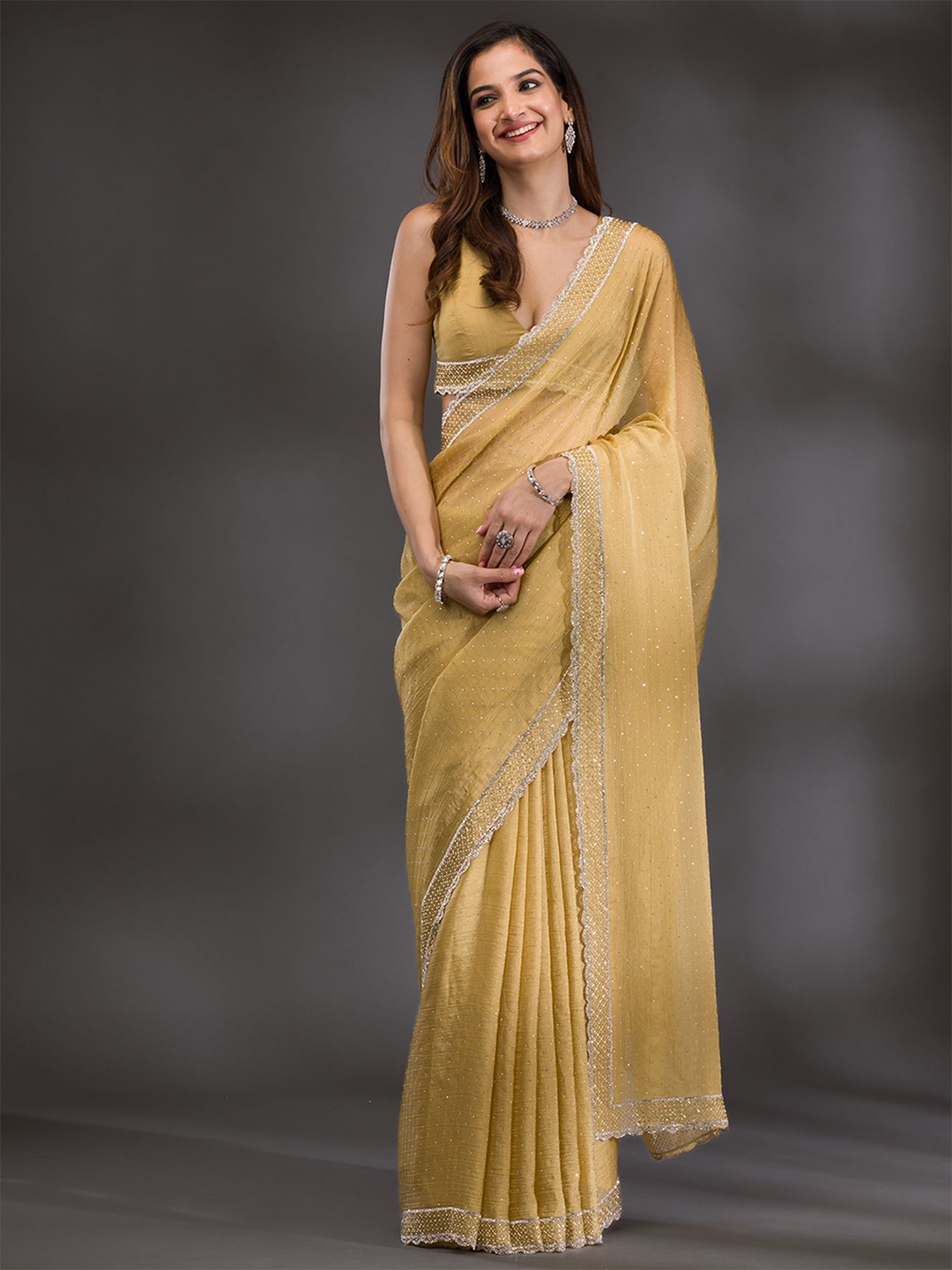 

Koskii Embellished Beads and Stones Tissue Saree, Green