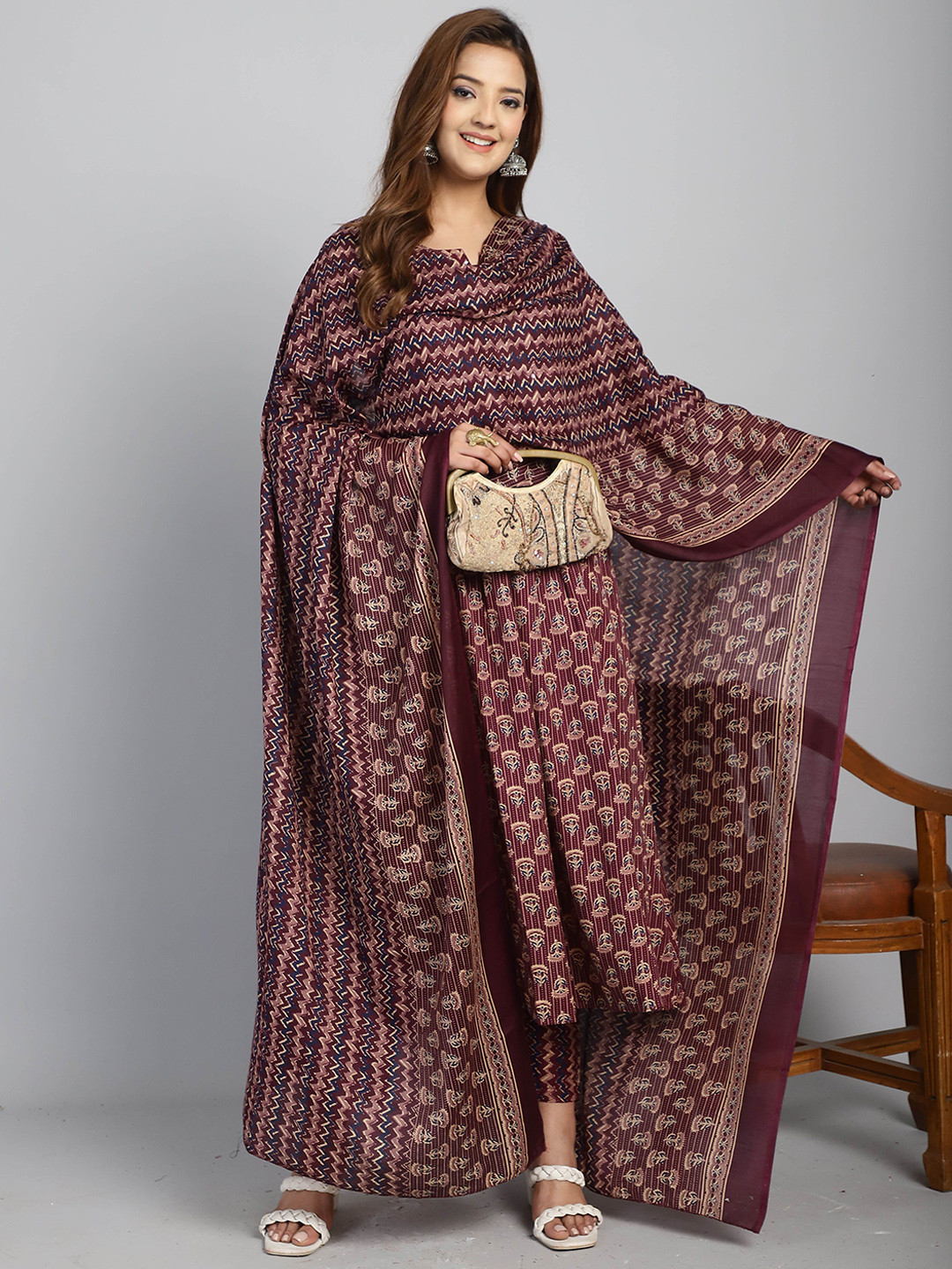

KALINI Floral Printed Notch Neck A-Line Kurta With Trousers & Dupatta, Brown