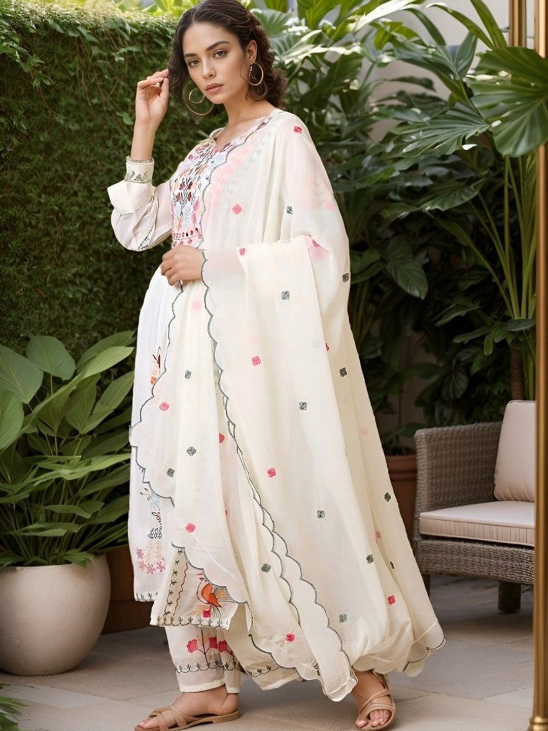 

ATRAENTA Ethnic Motifs Embroidered Thread Work Straight Kurta With Trousers & Dupatta, White