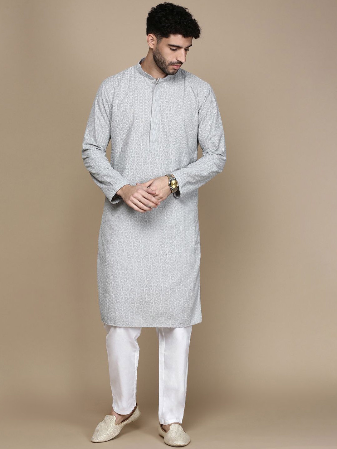 

Rishika Mandarin Collar Embroidered Thread Work Cotton Straight Kurta, Grey