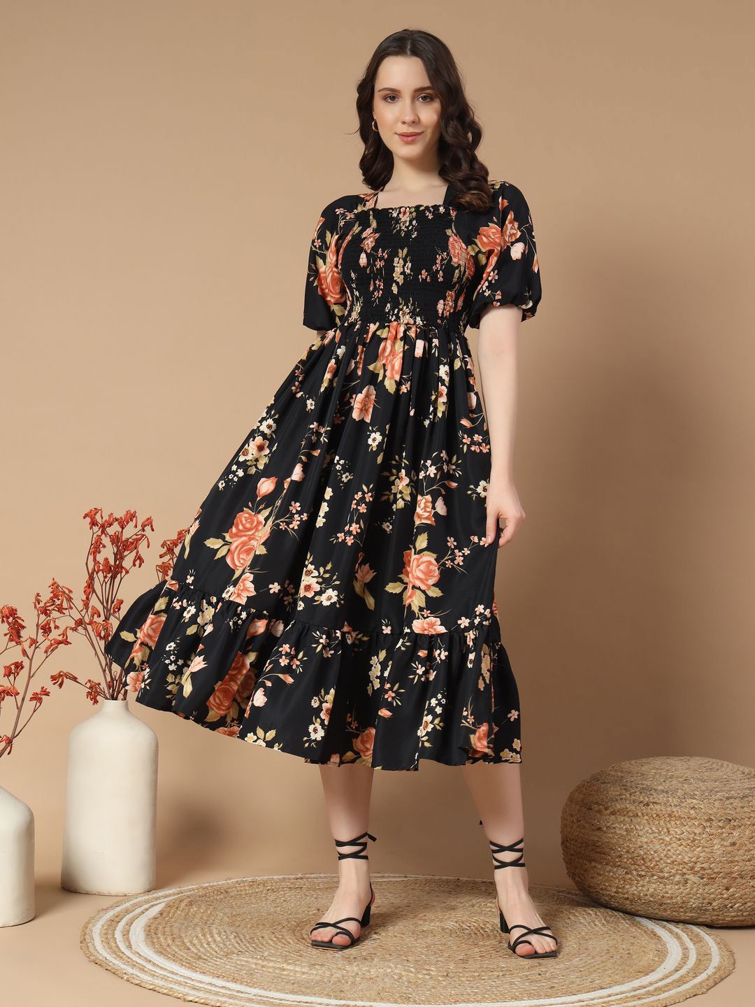 

OTABU Floral Printed Smocked Fit and Flare Midi Dress, Black