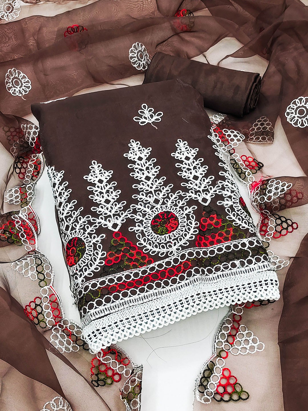 

Ishin Floral Embroidered Unstitched Dress Material, Brown
