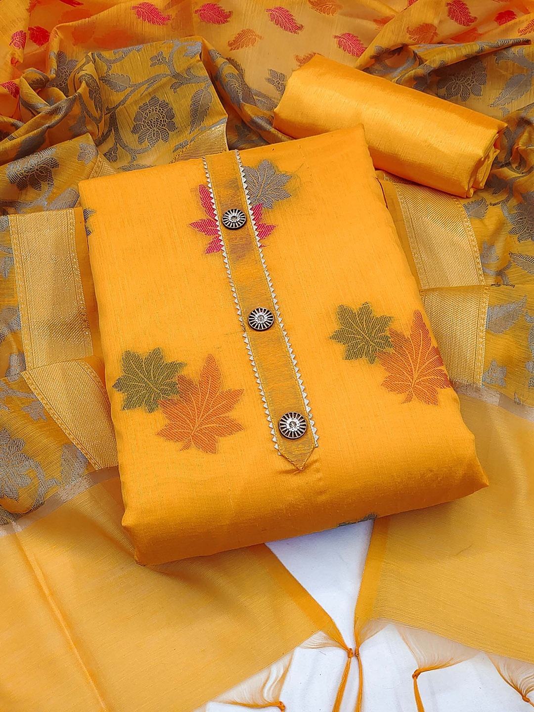 

Ishin Ethnic Motifs Embroidered Zari Unstitched Dress Material, Yellow