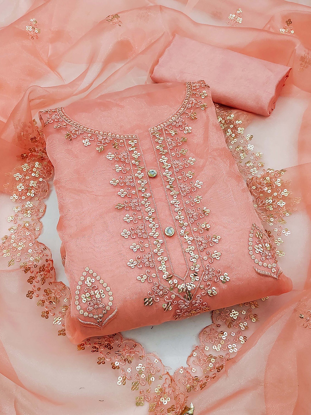

Ishin Floral Embroidered Beads and Stones Organza Unstitched Dress Material, Peach
