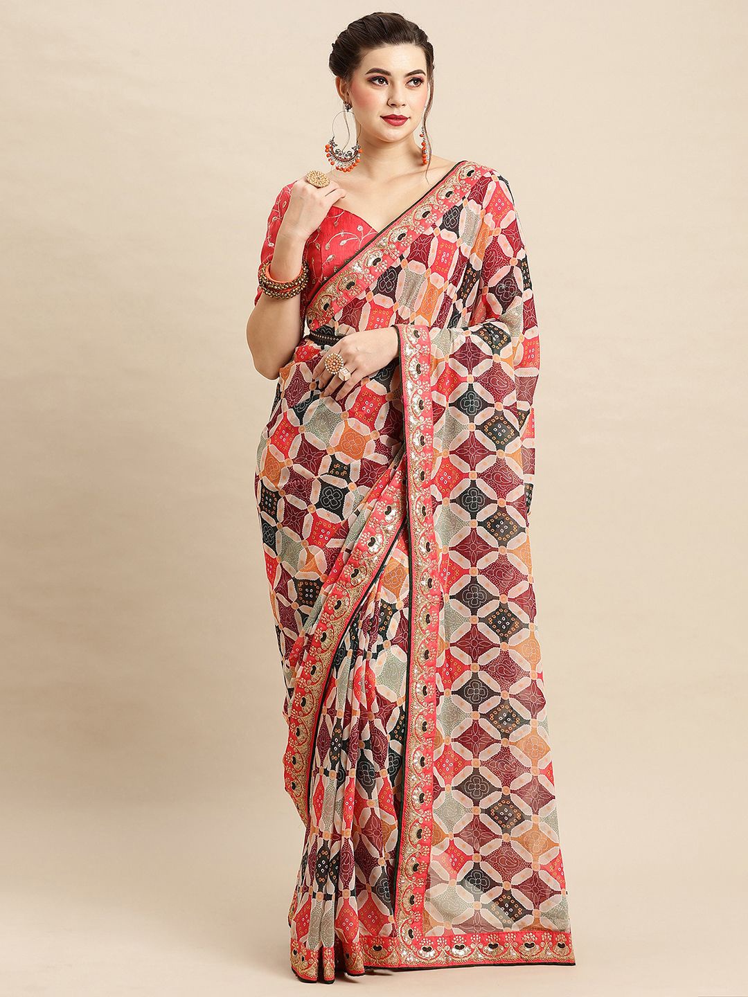 

KALINI Bandhani Embroidered Printed Saree, Cream