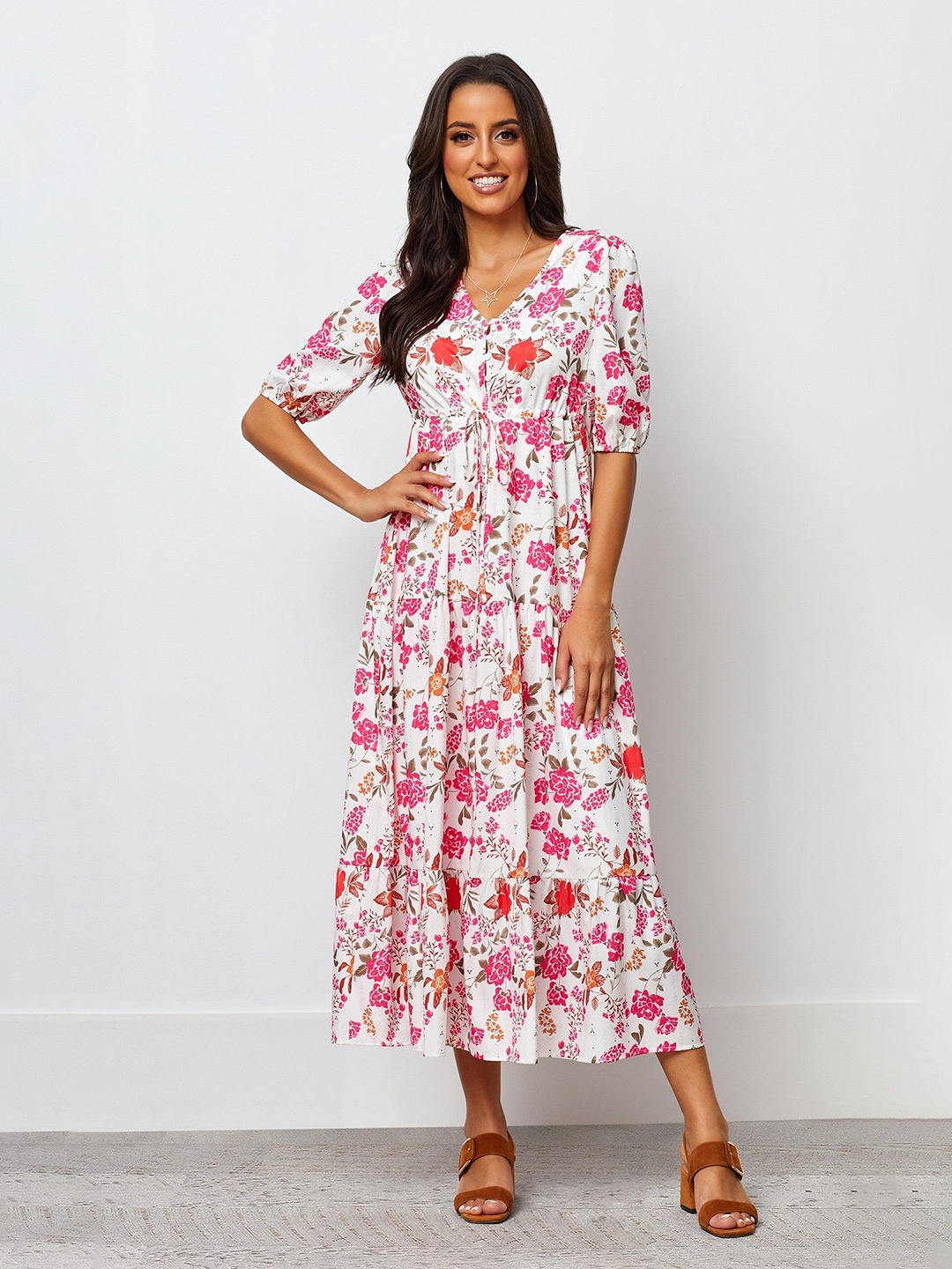 

TIRA Floral Printed Puff Sleeve Empire Midi Dress, White