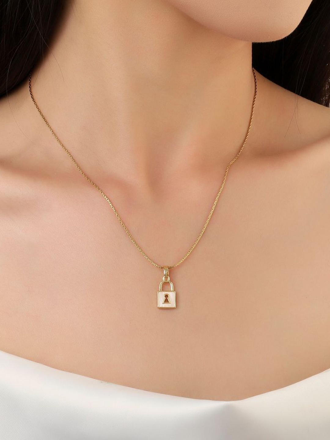 

SALTY Locked Up Shaped Stainless Steel Quirky Stone-Studded Pendants With Chains, Gold