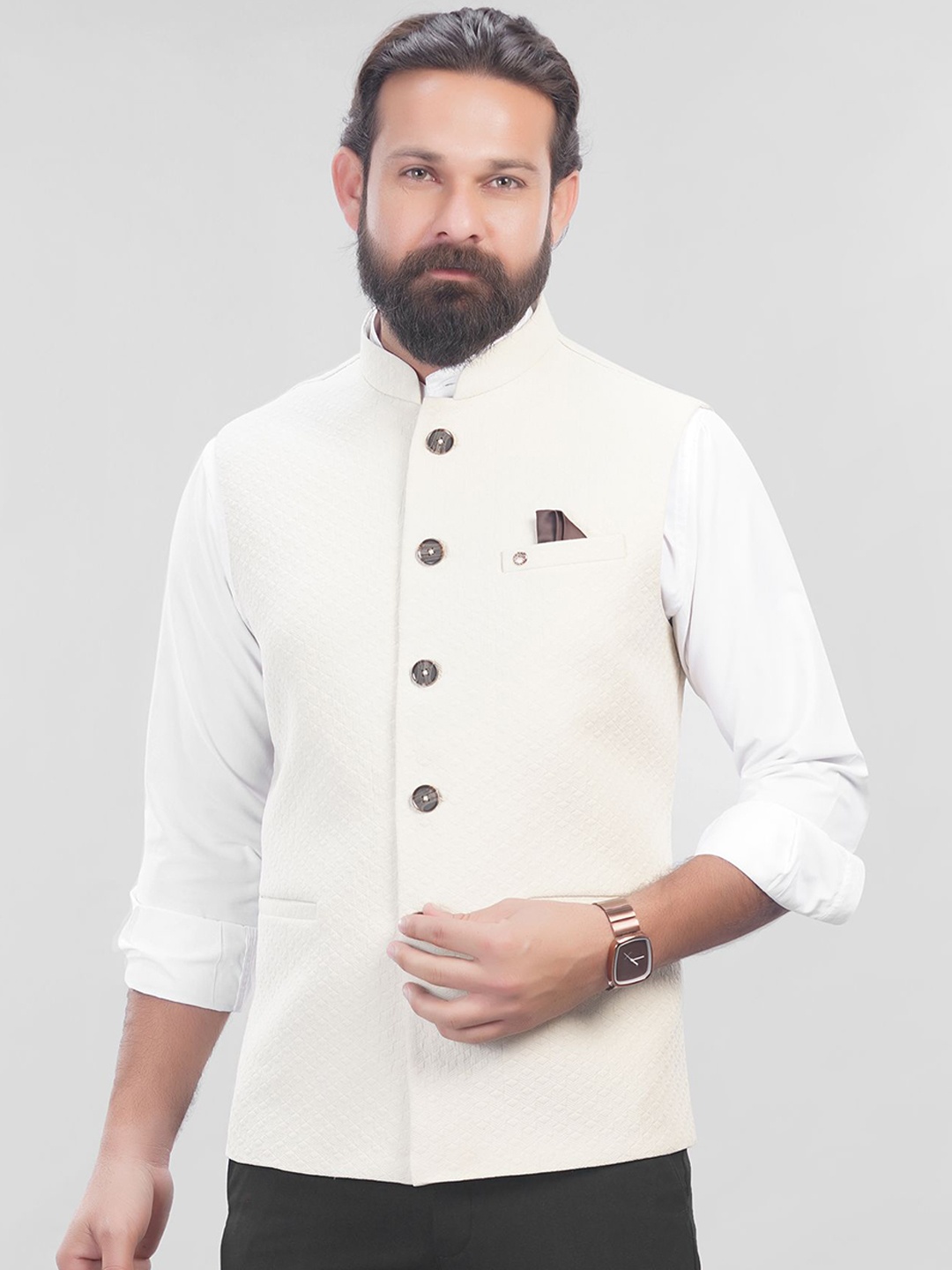

LA'SCOOT Mandarin Collar Nehru Jacket, Cream
