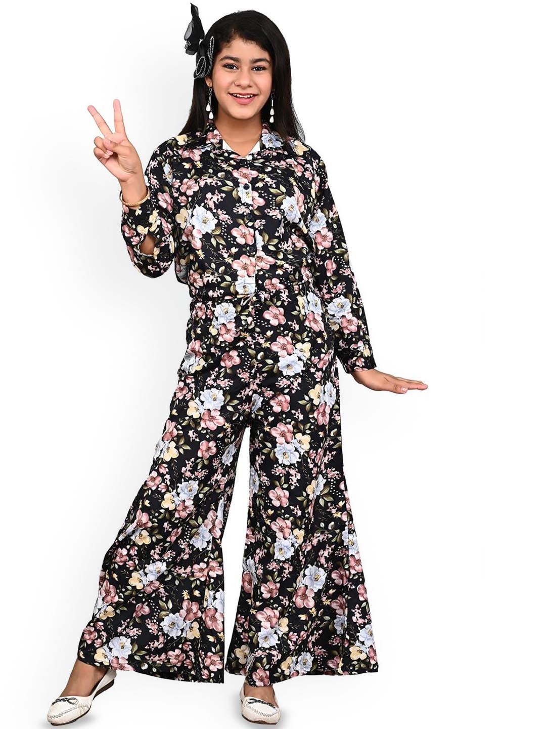 

FELLAMO Girls Floral Printed Shirt With Trousers, Black