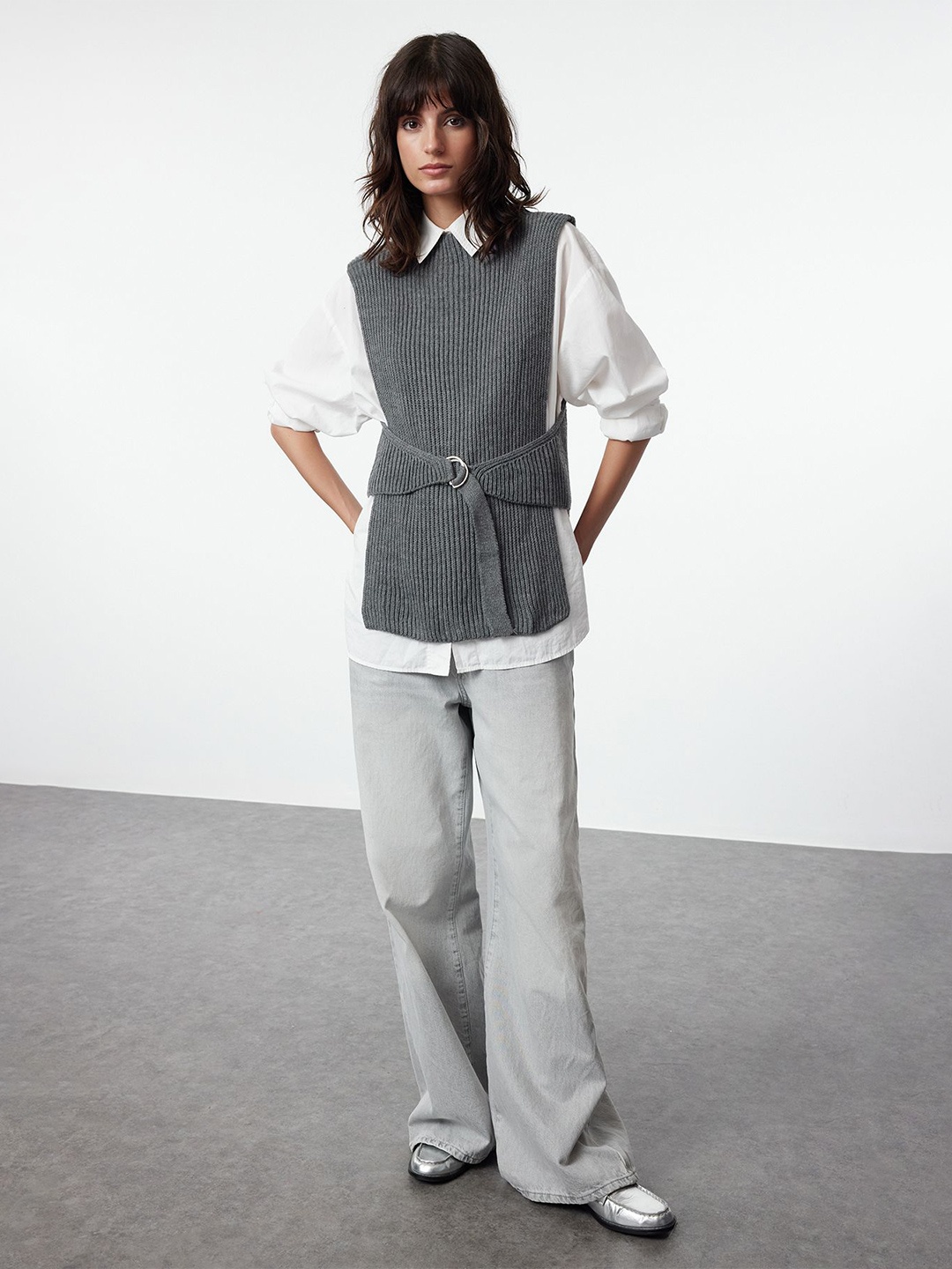 

Trendyol Women Ribbed Sweater Vest with Belted Detail, Grey