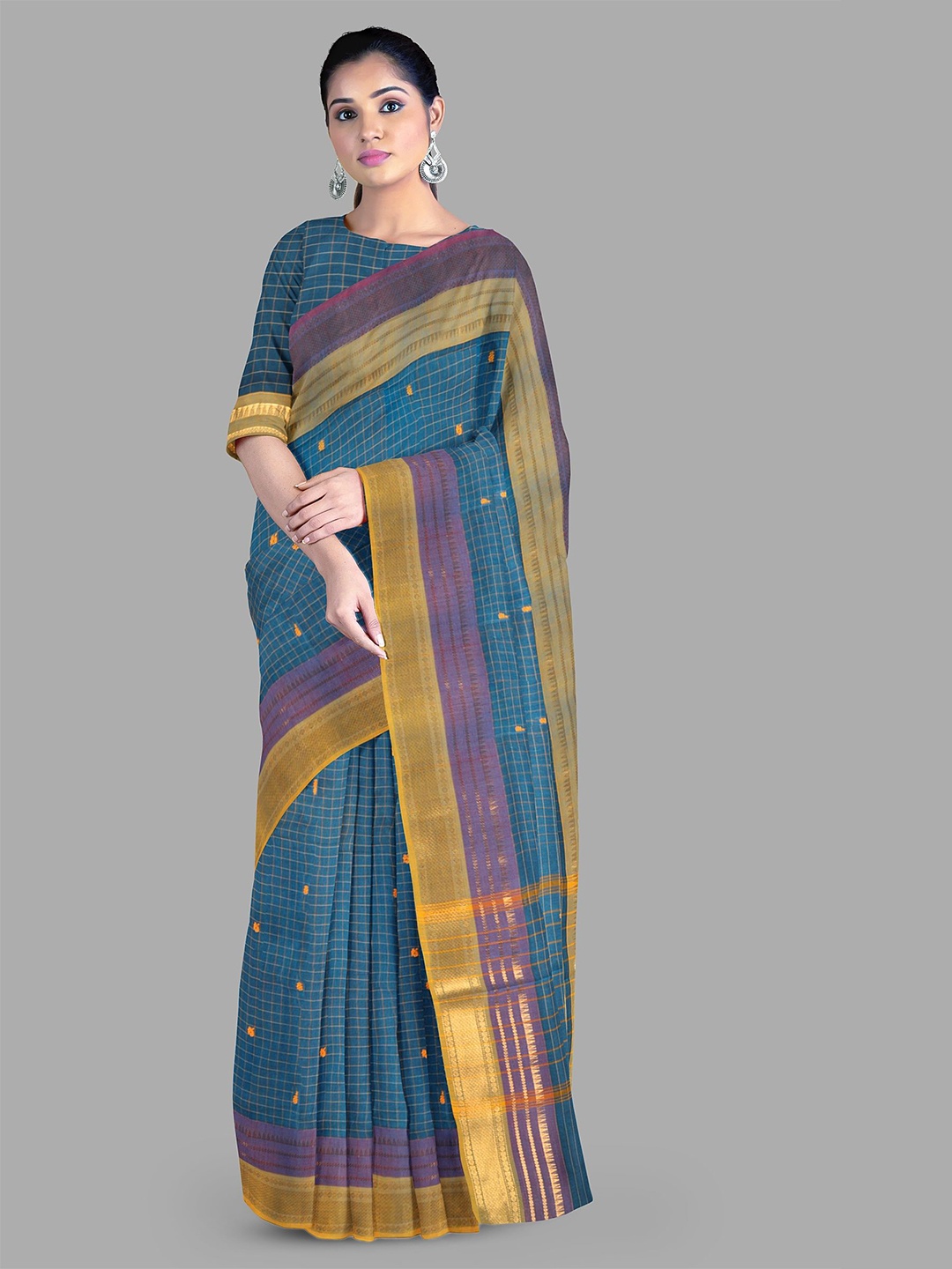 

The Chennai Silks Checked Zari Pure Cotton Chettinad Saree, Blue