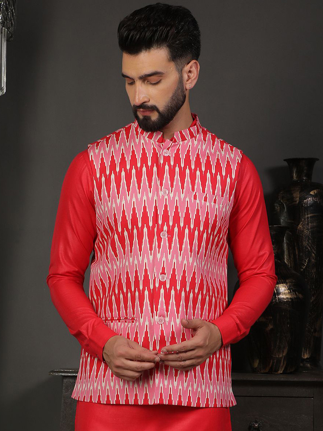 

DEYANN Men Printed Mandarin Collar Nehru Jacket, Peach