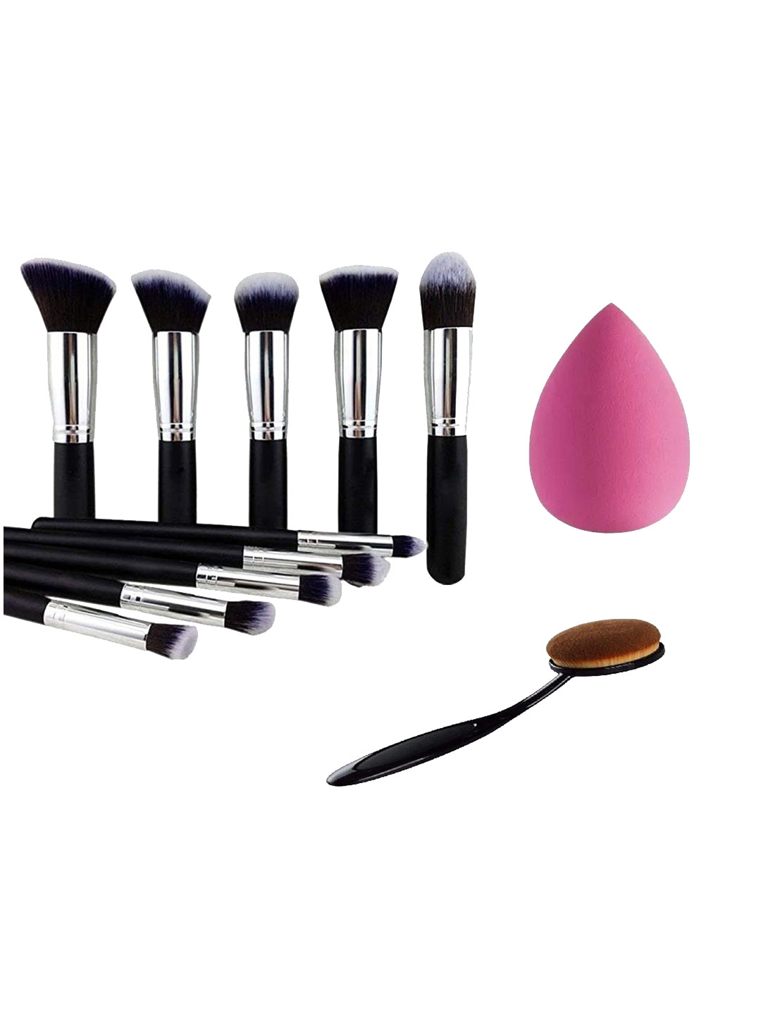 

zemglam Set Of 10 Makeup Brushes With 1 Beauty Blender & 1 Oval Brush, Silver
