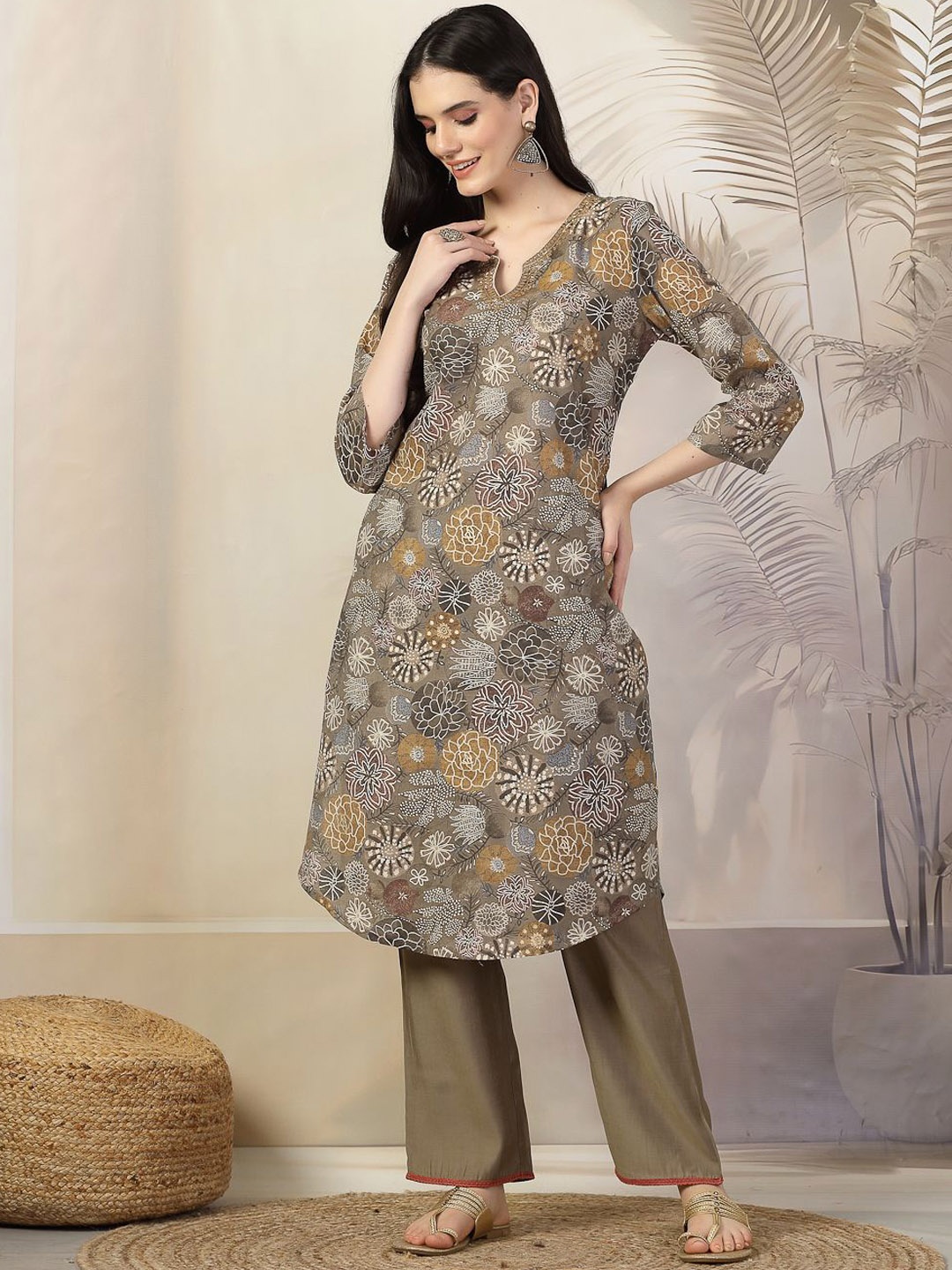 

Nayam By Lakshita Floral Printed Thread Work Chanderi Cotton A Line Kurta with Palazzos, Grey