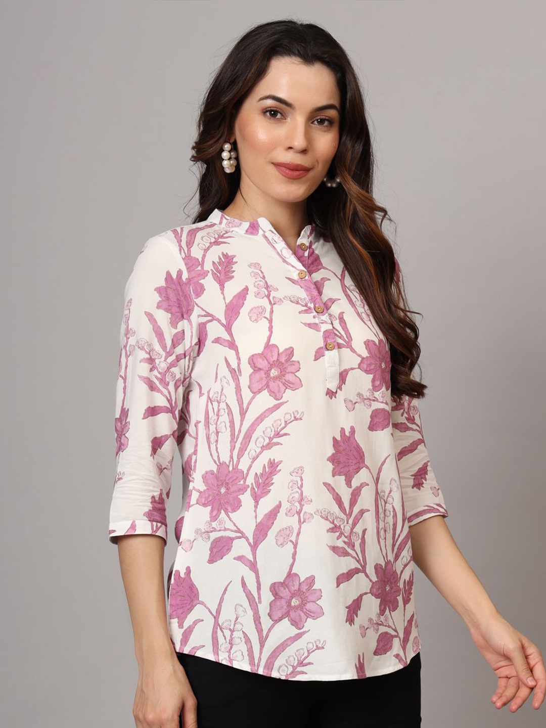 

Anouk Rustic Mandarin Collar Printed Tunic, Off white