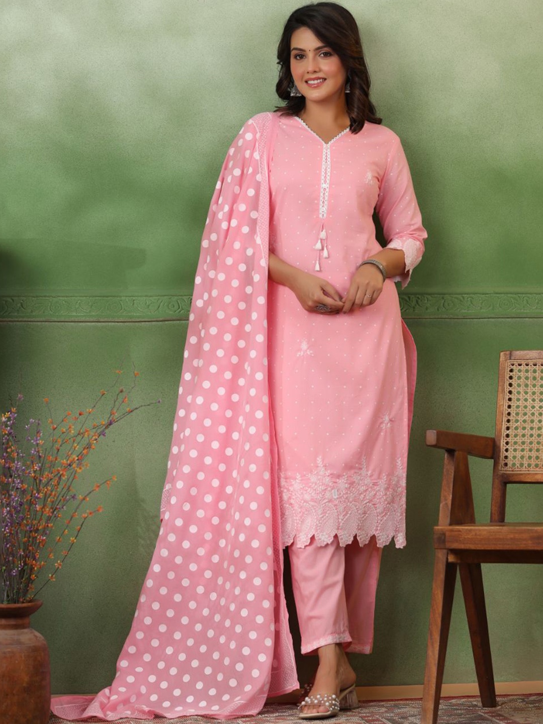 

KALINI Polka Dot Printed V-Neck Pure Cotton Straight Kurta With Trousers & Dupatta, Pink