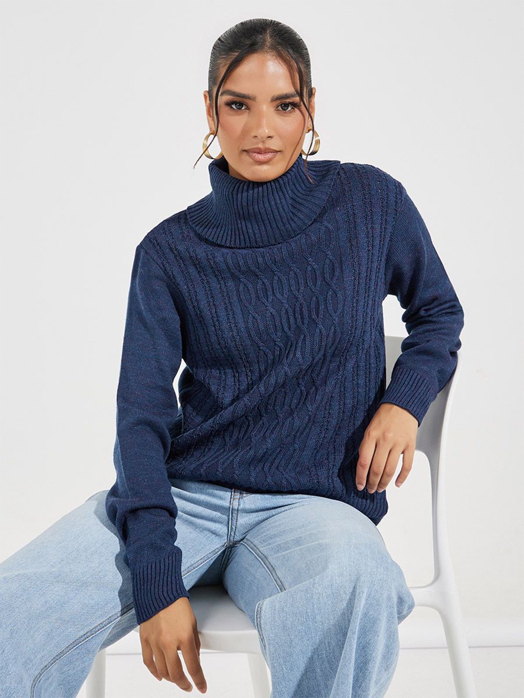 

Styli Women Turtle Neck Long Length Regular Fit Sweater, Navy blue