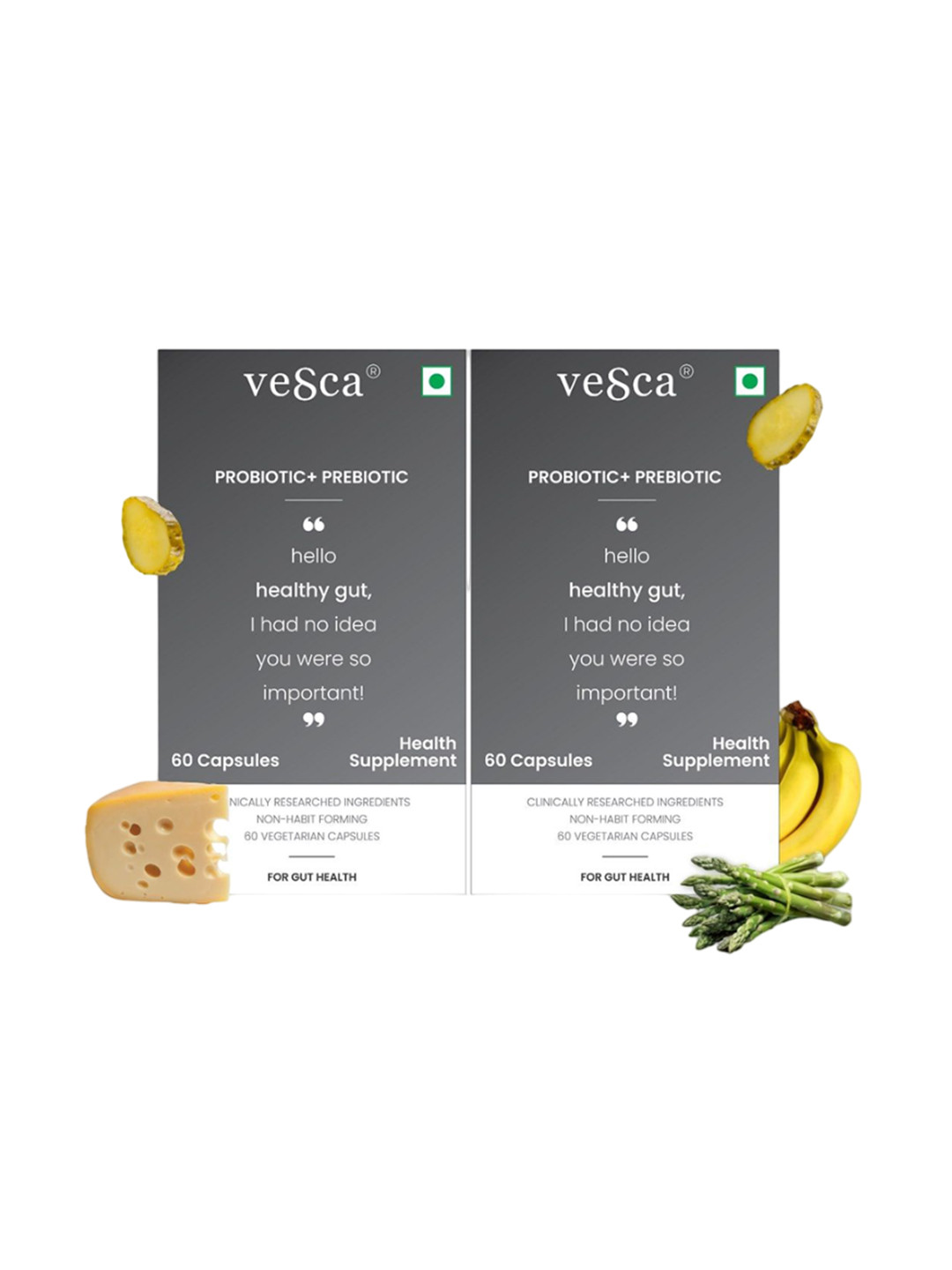 

vesca Set Of 2 Probiotic + Prebiotic Capsules 60 Capsules Each, Green