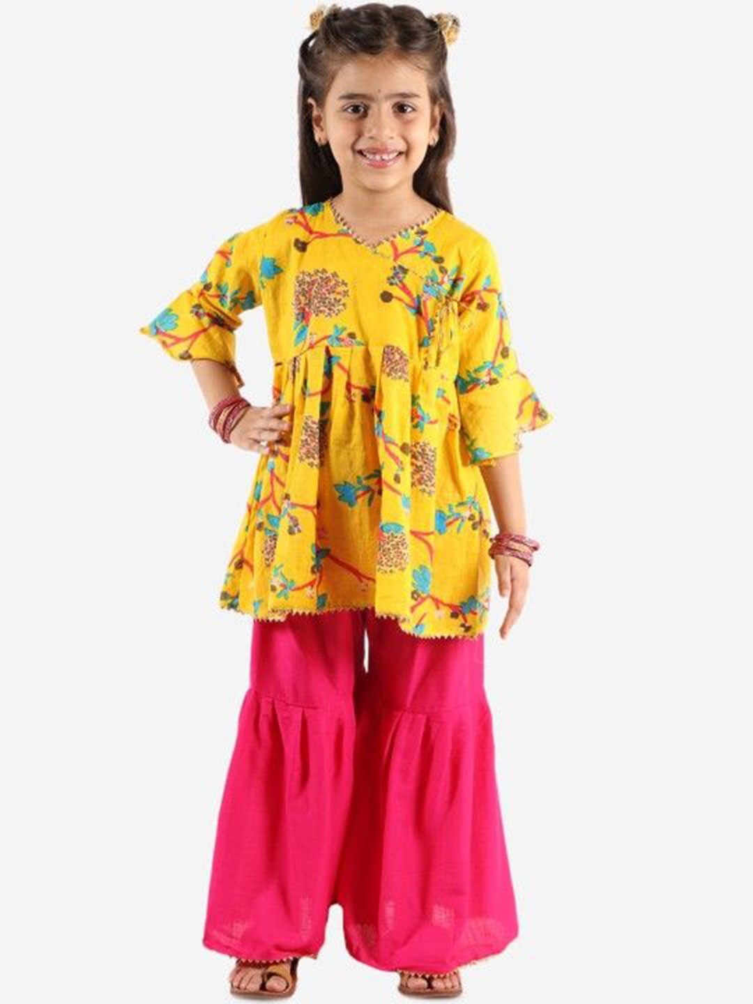 

YK Girls Floral Printed Bell Sleeves Gotta Patti Angrakha Pure Cotton Kurta with Sharara, Yellow