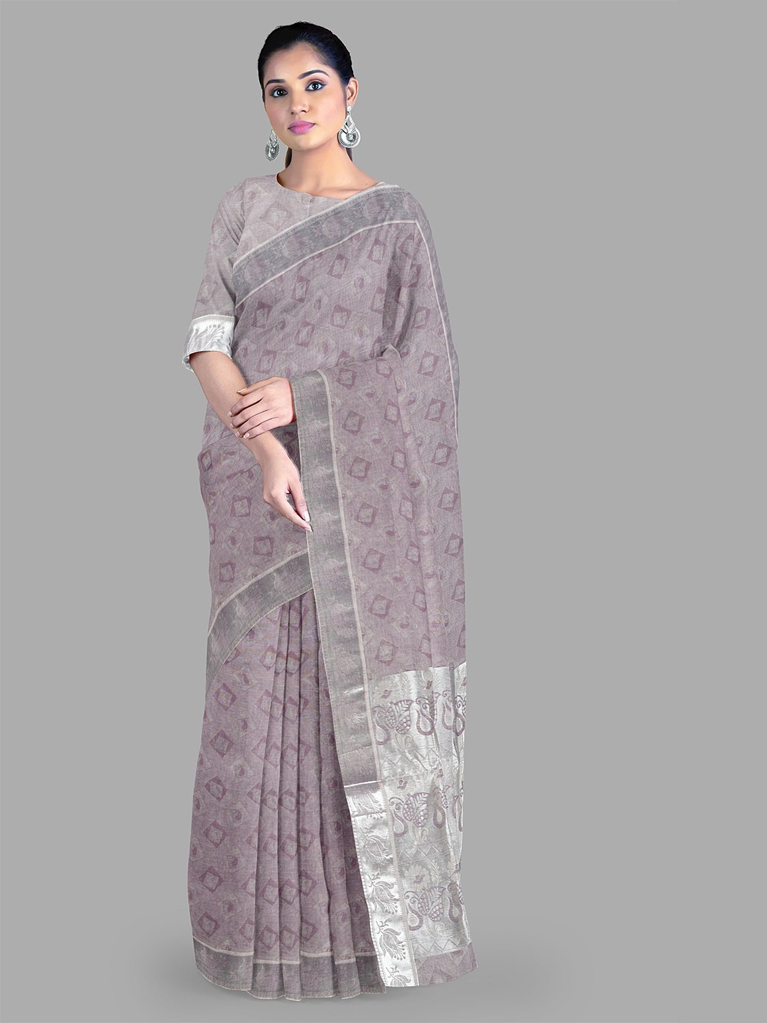

The Chennai Silks Geometric Printed Pure Cotton Kovai Saree, Pink