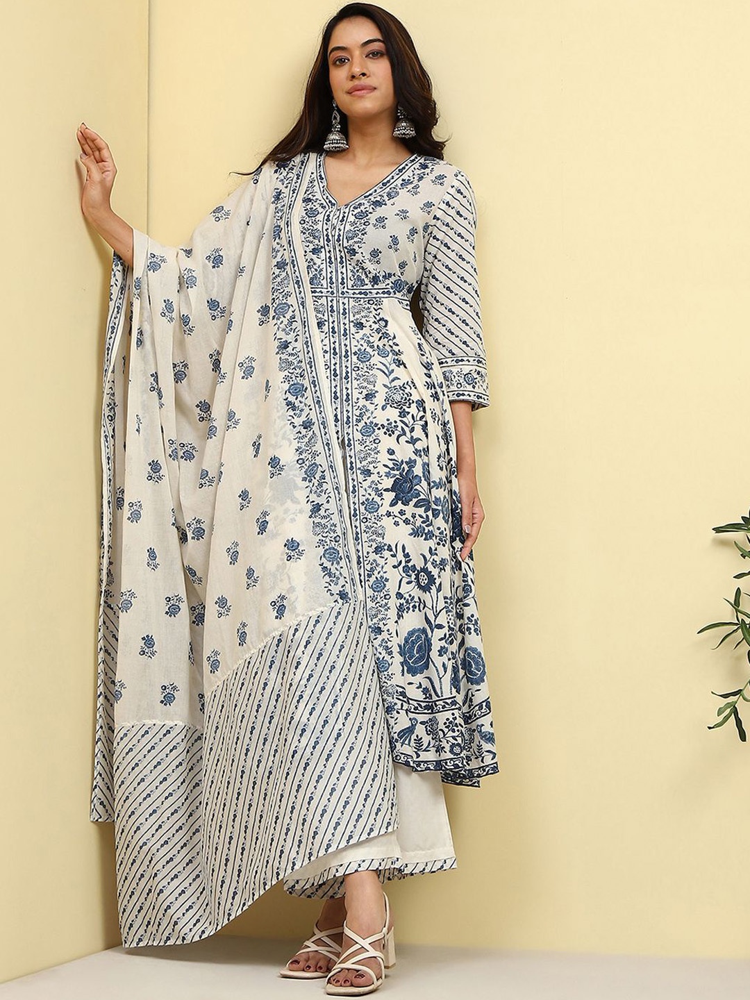 

Biba Floral Printed V-Neck A-Line Kurta with Palazzos & Dupatta, Navy blue