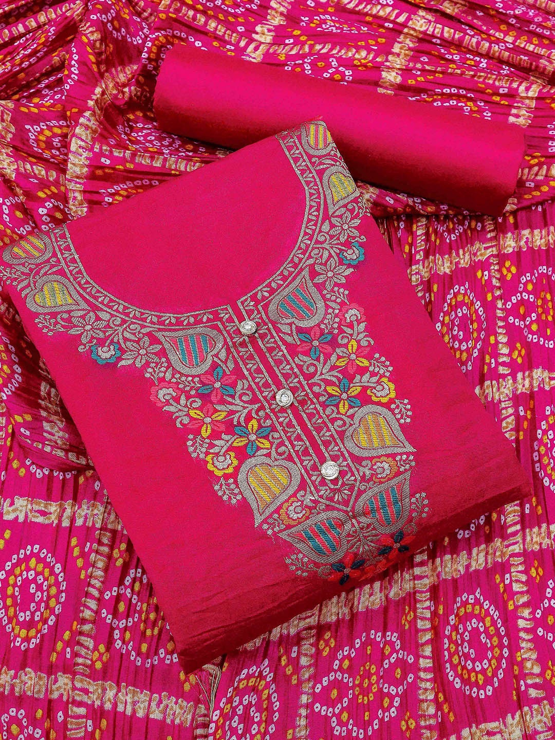 

Ishin Ethnic Motifs Woven Design Unstitched Dress Material, Pink