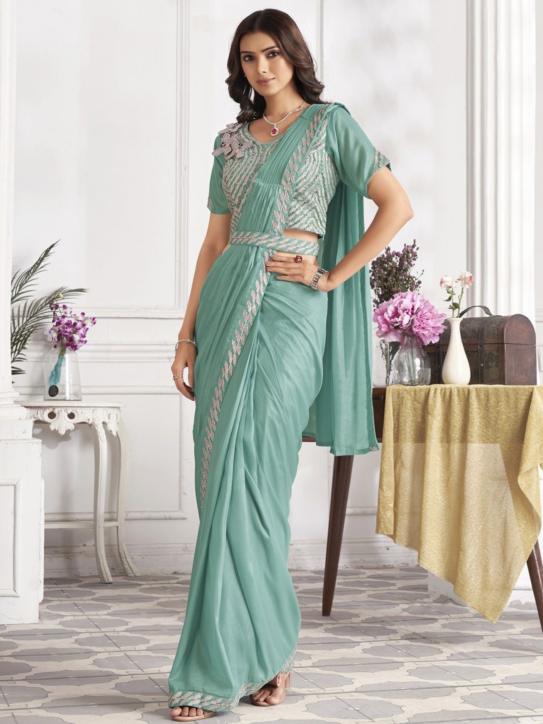 

JIVORA Satin Ready to Wear Saree With Stitched Blouse, Green