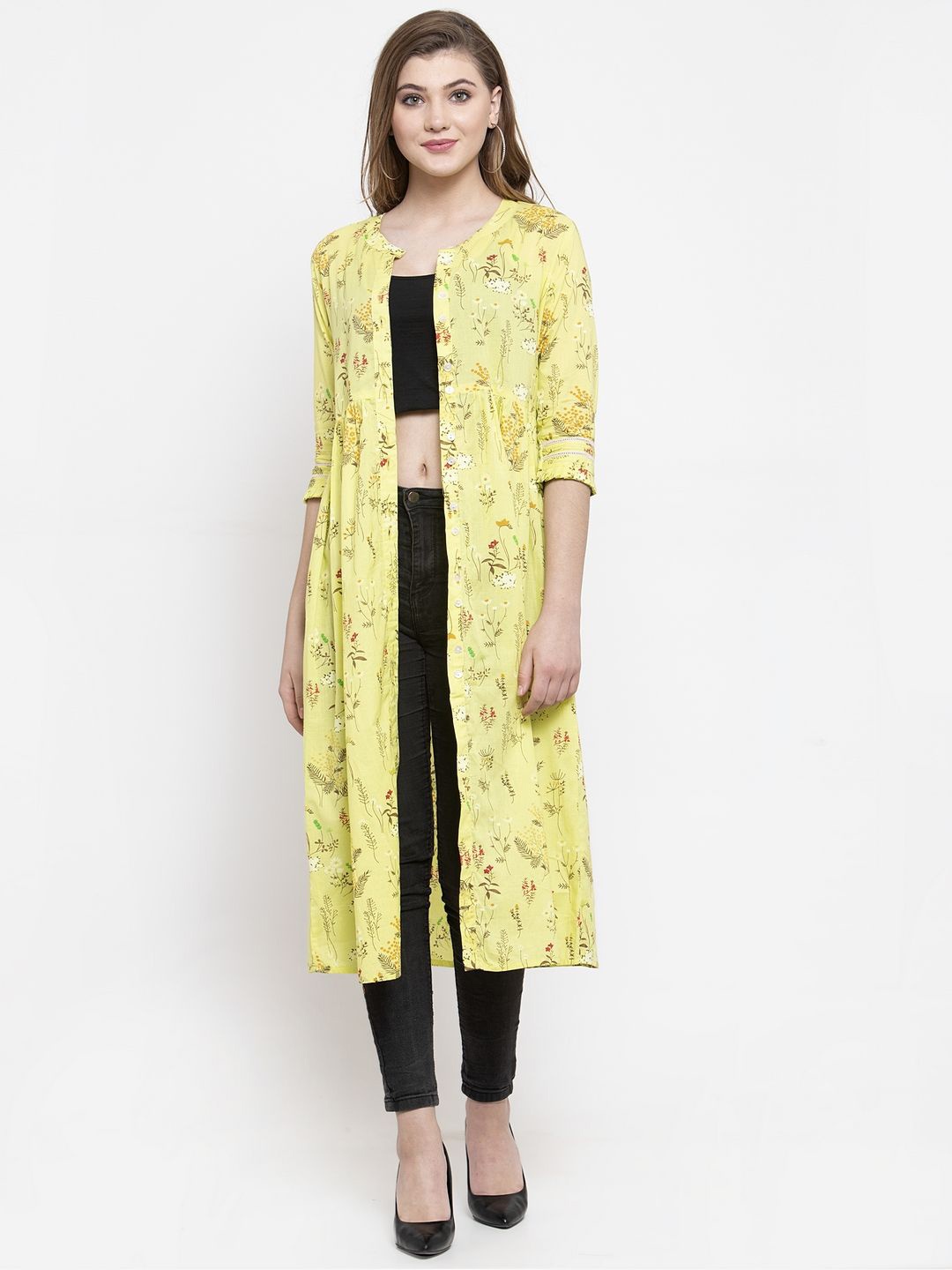 

Indibelle Floral Printed Cotton Longline Open Front Shrug, Yellow