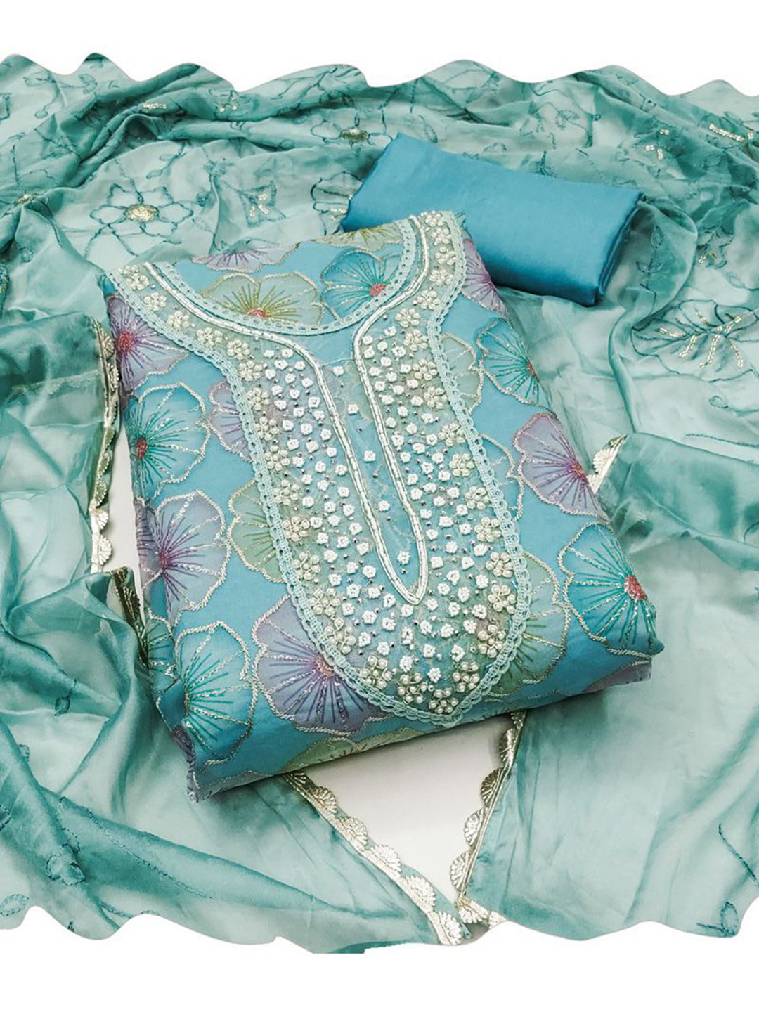 

ASISA Floral Embroidered Beads and Stones Organza Unstitched Dress Material, Blue