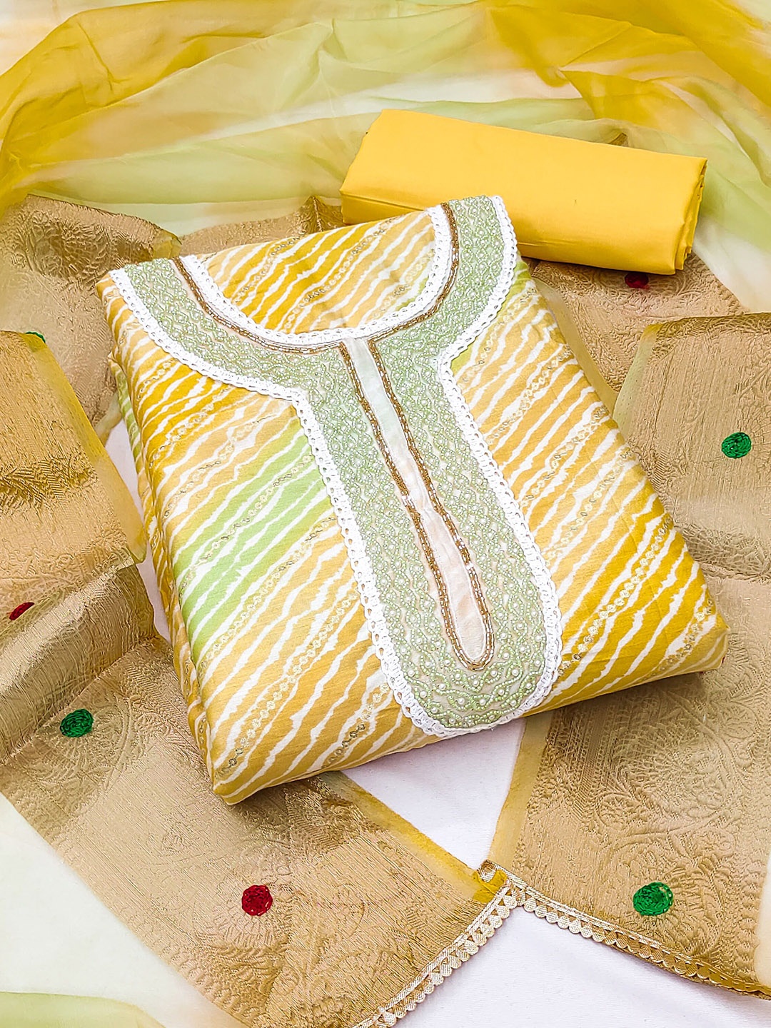 

Ishin Striped Woven Design Unstitched Dress Material, Yellow