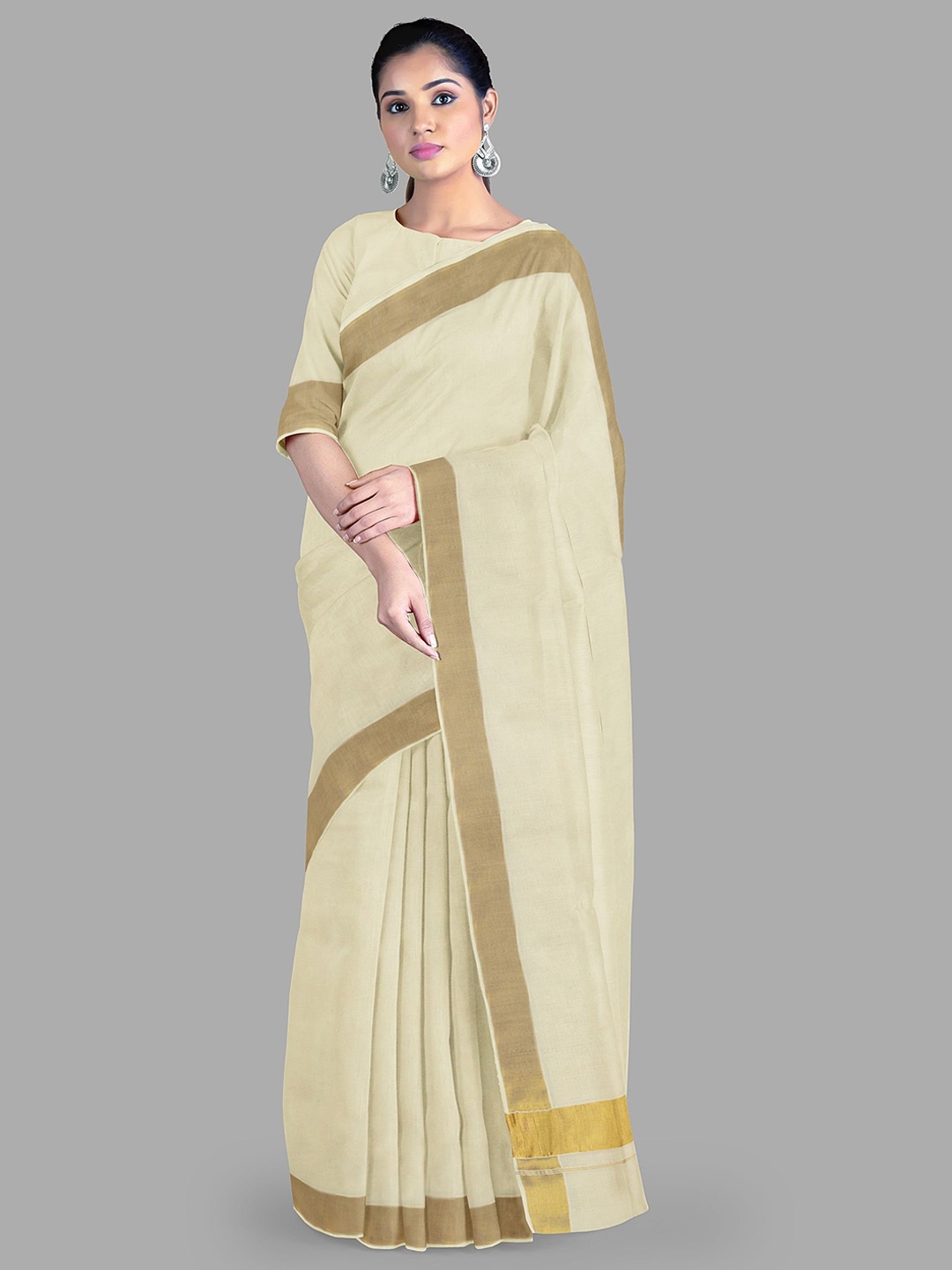 

The Chennai Silks Zari Pure Cotton Kasavu Saree, Off white