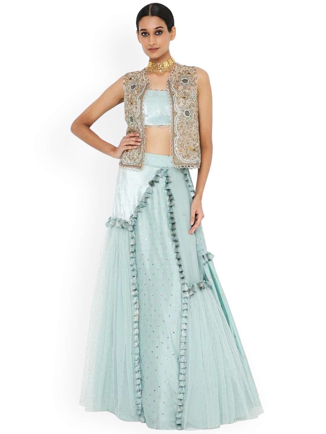 

Payal Singhal Erum Embroidered Jacket With Bustier & Multi Kali Skirt Co-Ords, Blue