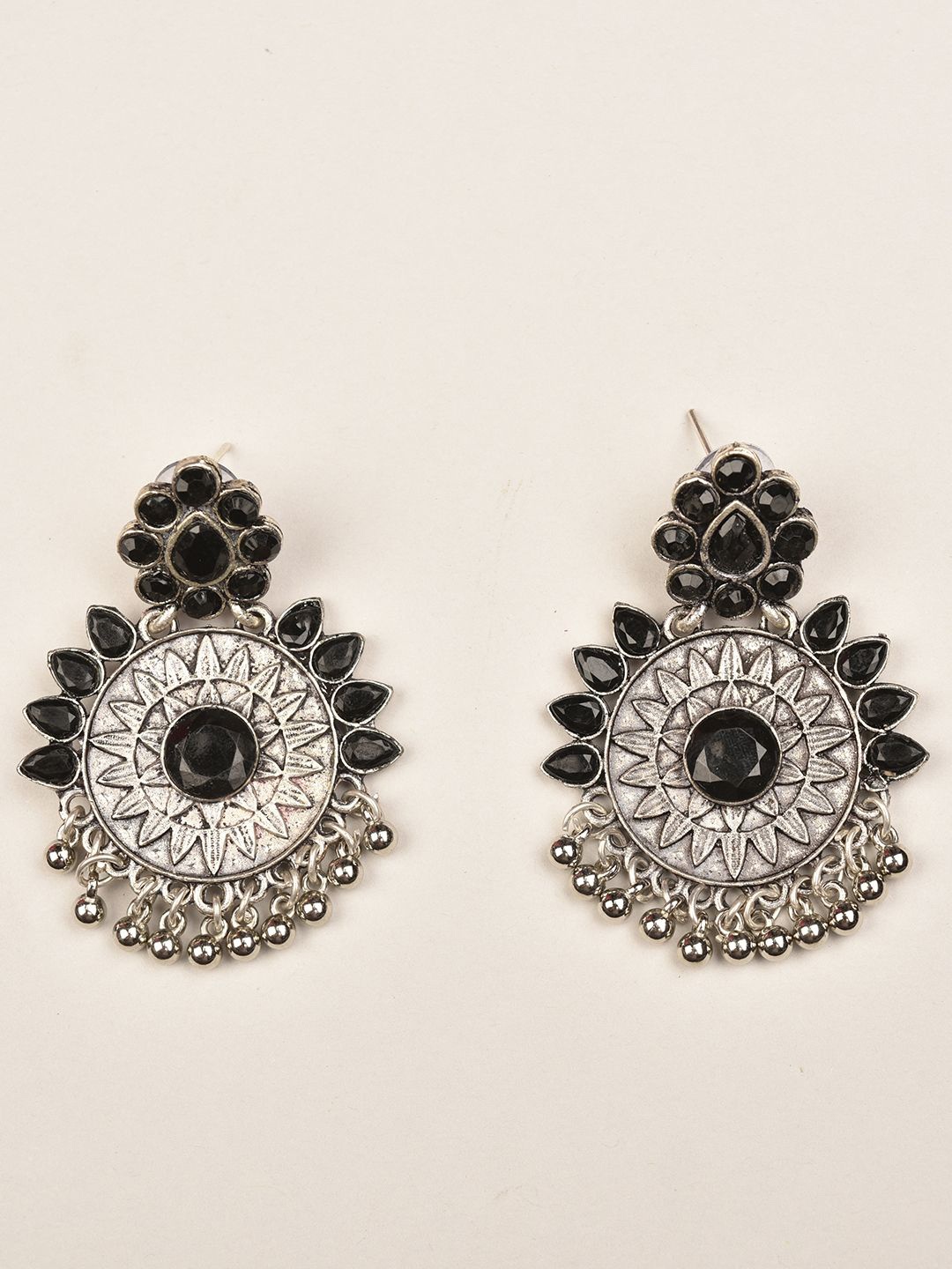 

Jaipur Folk Silver Plated Rhinestone Studded Oxidised Drop Earrings