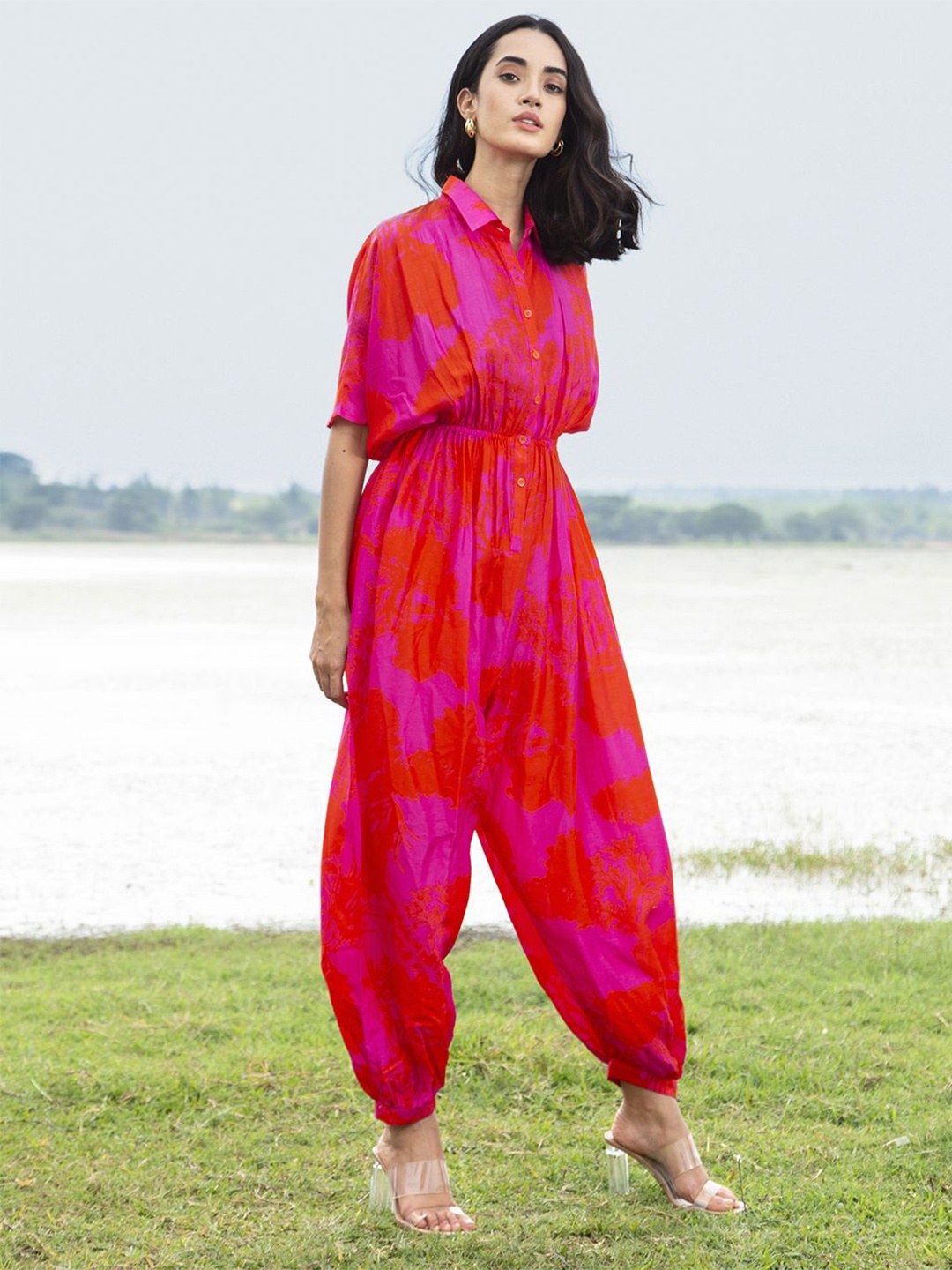 

HOUSE OF SOI Printed Shirt Collar Jumpsuit, Pink