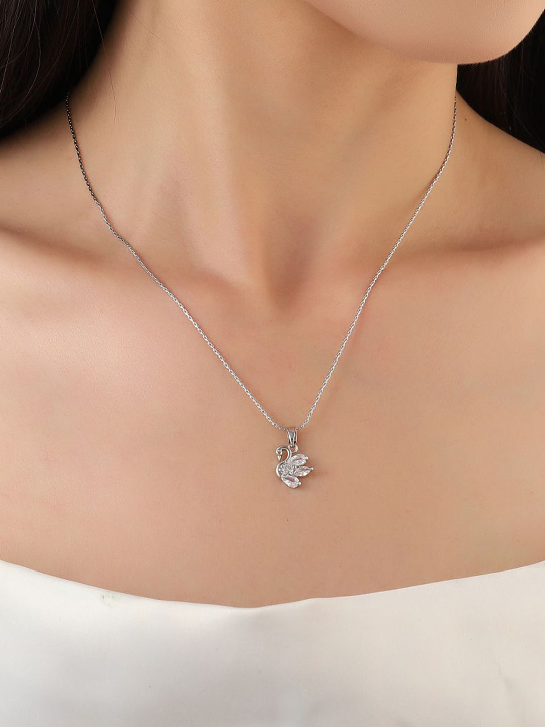 

SALTY Stainless Steel Stone Studded Swan Pendant with Chain, Silver
