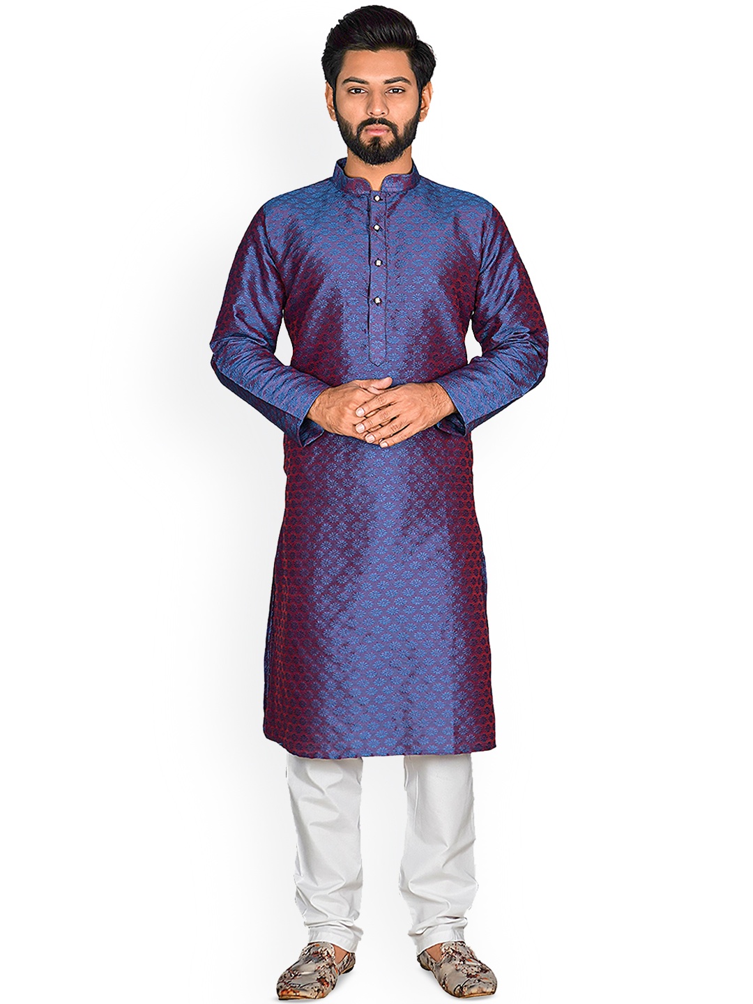 

Nimayaa Floral Woven Design Mandarin Collar Straight Kurta, Blue