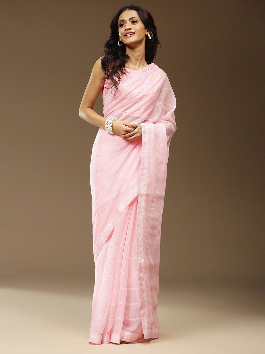 

KALINI Striped Sequinned Poly Chiffon Saree, Pink