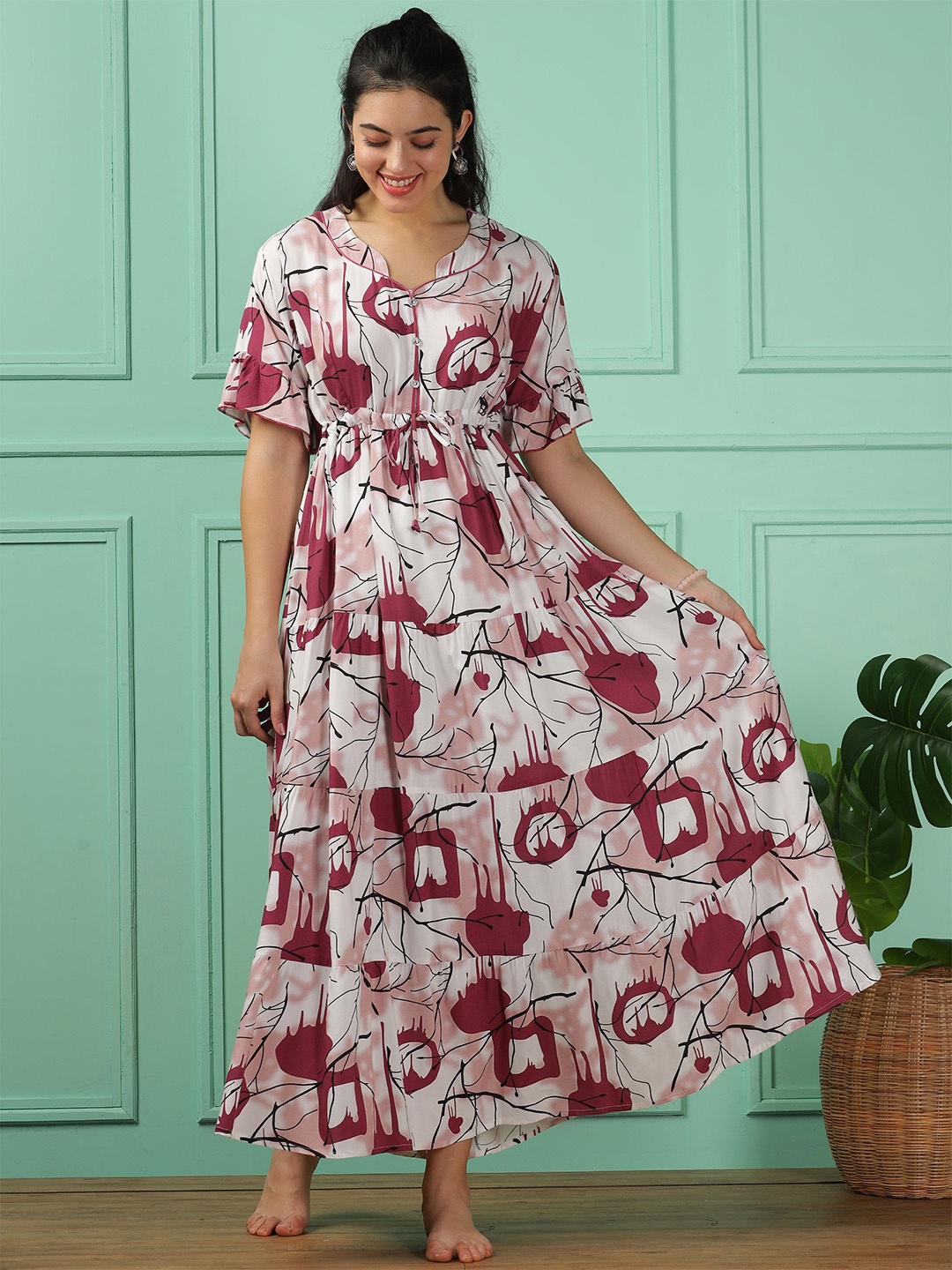 

9shines Label Women Printed Maxi Nightdress, Pink