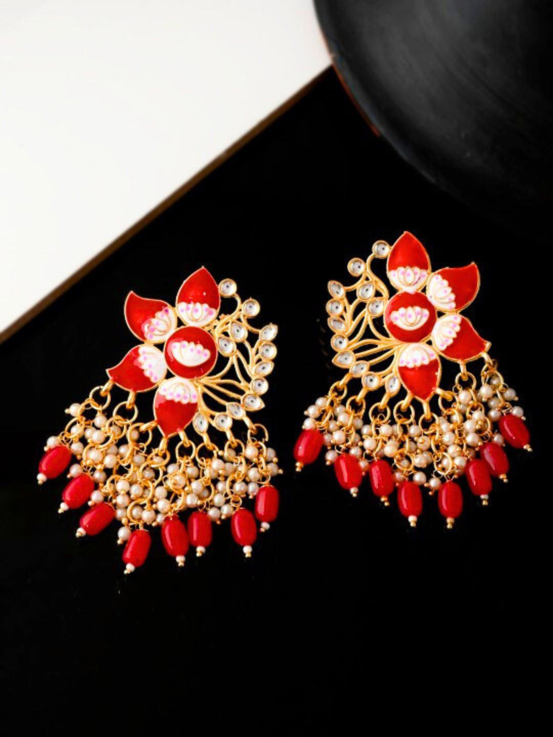 

Anouk Gold Plated Kundan Studded & Beaded Floral Meenakari Drop Earrings
