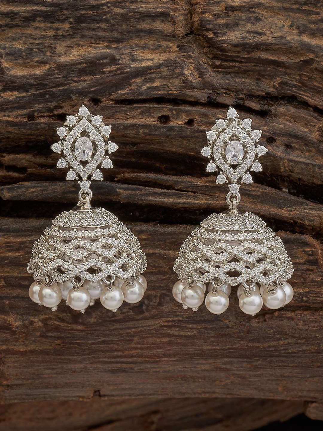 

Kushal's Fashion Jewellery Rhodium-Plated Dome Shaped Jhumkas Zircon Earrings, White