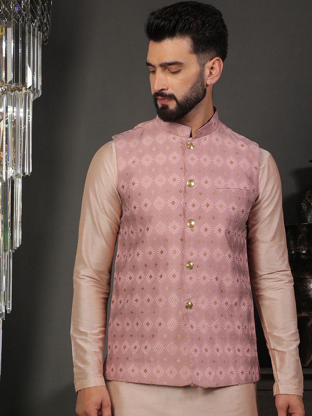 

DEYANN Men Printed Mandarin Collar Nehru Jacket, Pink