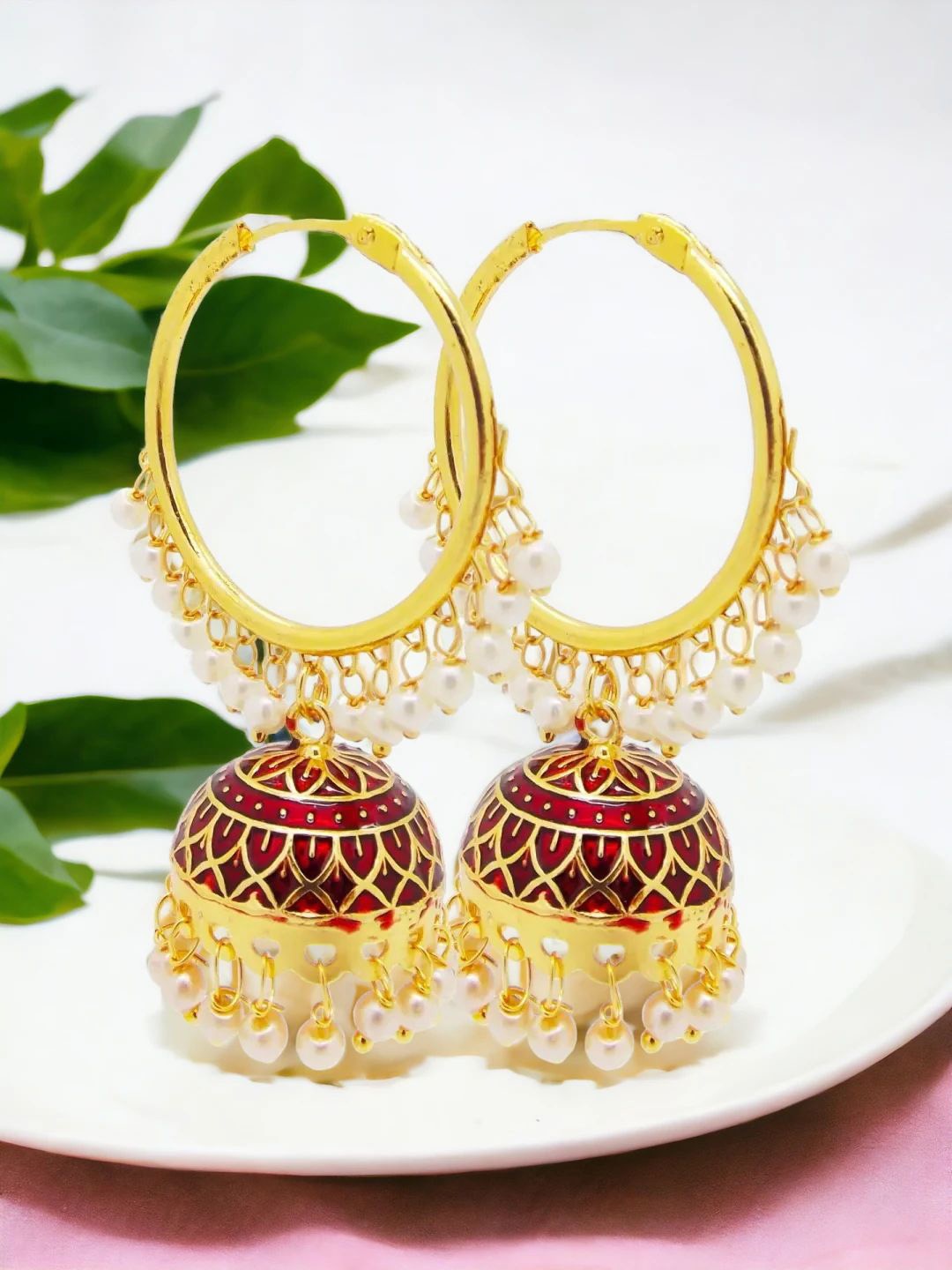 

9blings Gold Plated Beaded Dome Shaped Meenakari Jhumkas