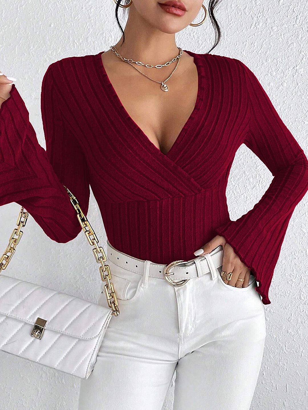 

LULU & SKY Striped Wrap Top, Burgundy