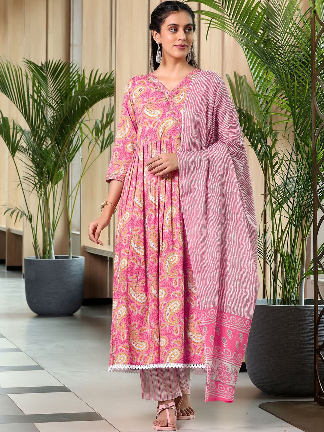 

Libas Paisley Printed Angrakha Gotta Patti Pure Cotton Kurta with Trousers & With Dupatta, Pink