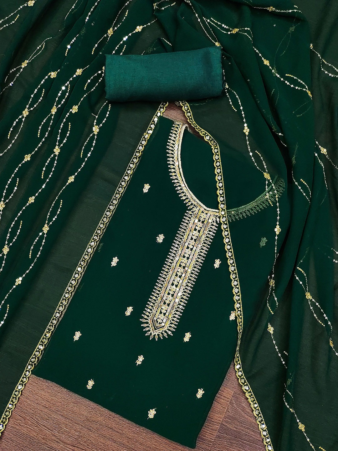 

Ishin Floral Embroidered Sequinned Silk Georgette Unstitched Dress Material, Green