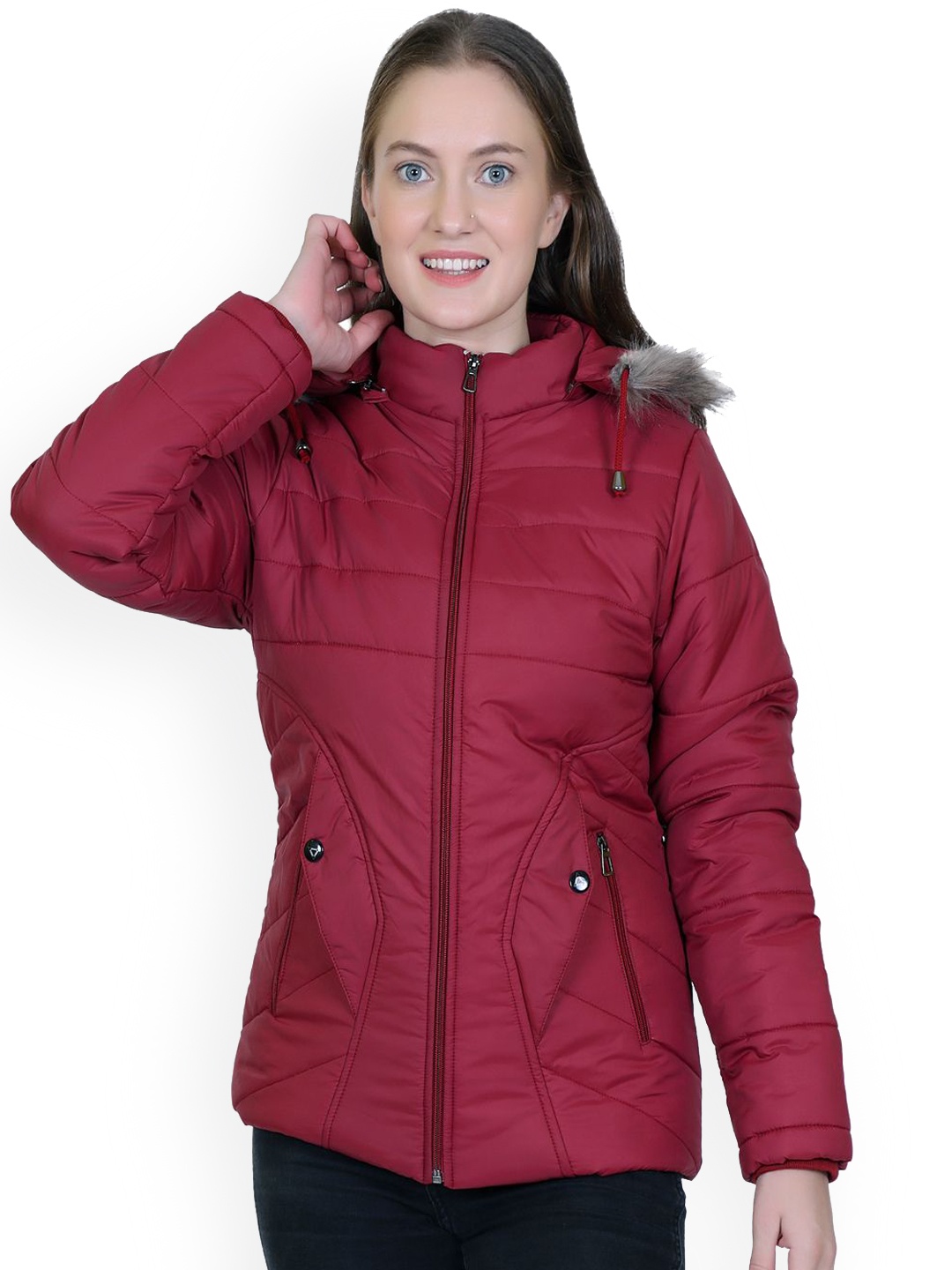 

PURPLEHUNT Women Colourblocked Lightweight Longline Puffer Jacket, Maroon