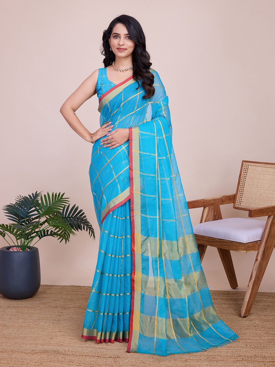 

BerMondsey Woven Design Chanderi Saree, Turquoise blue